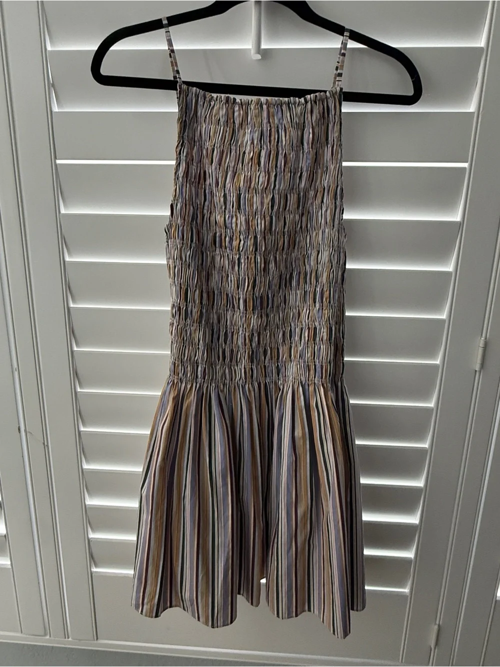 Faithfull the Brand Striped Smocked Mini Dress in Neutral Multi-Stripe